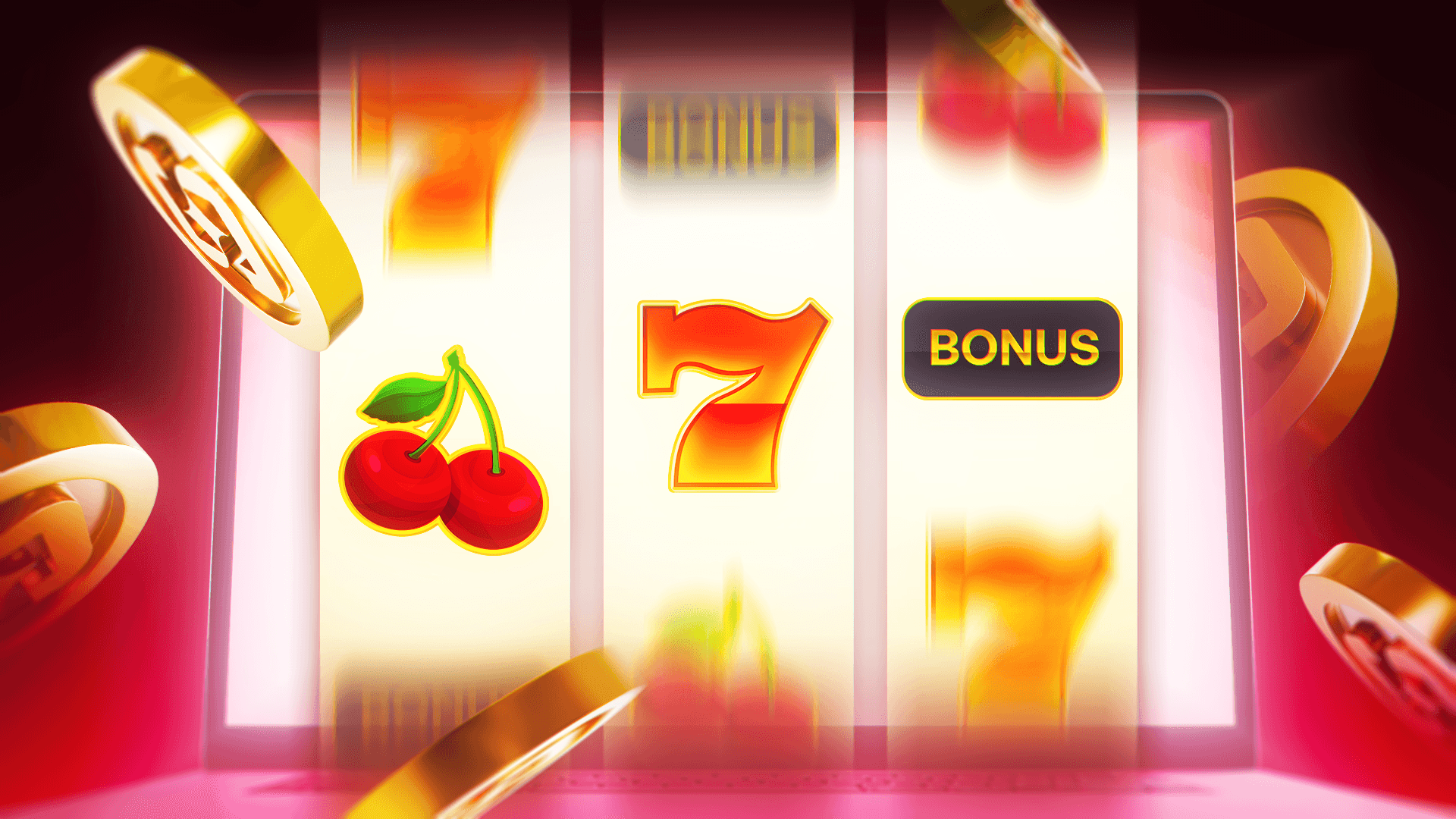 Vibrant digital slot machine with cherries, lucky 7 and BONUS symbols, surrounded by flying golden coins on a bright neon pink background. Perfect for How to Play Slots Online guides.