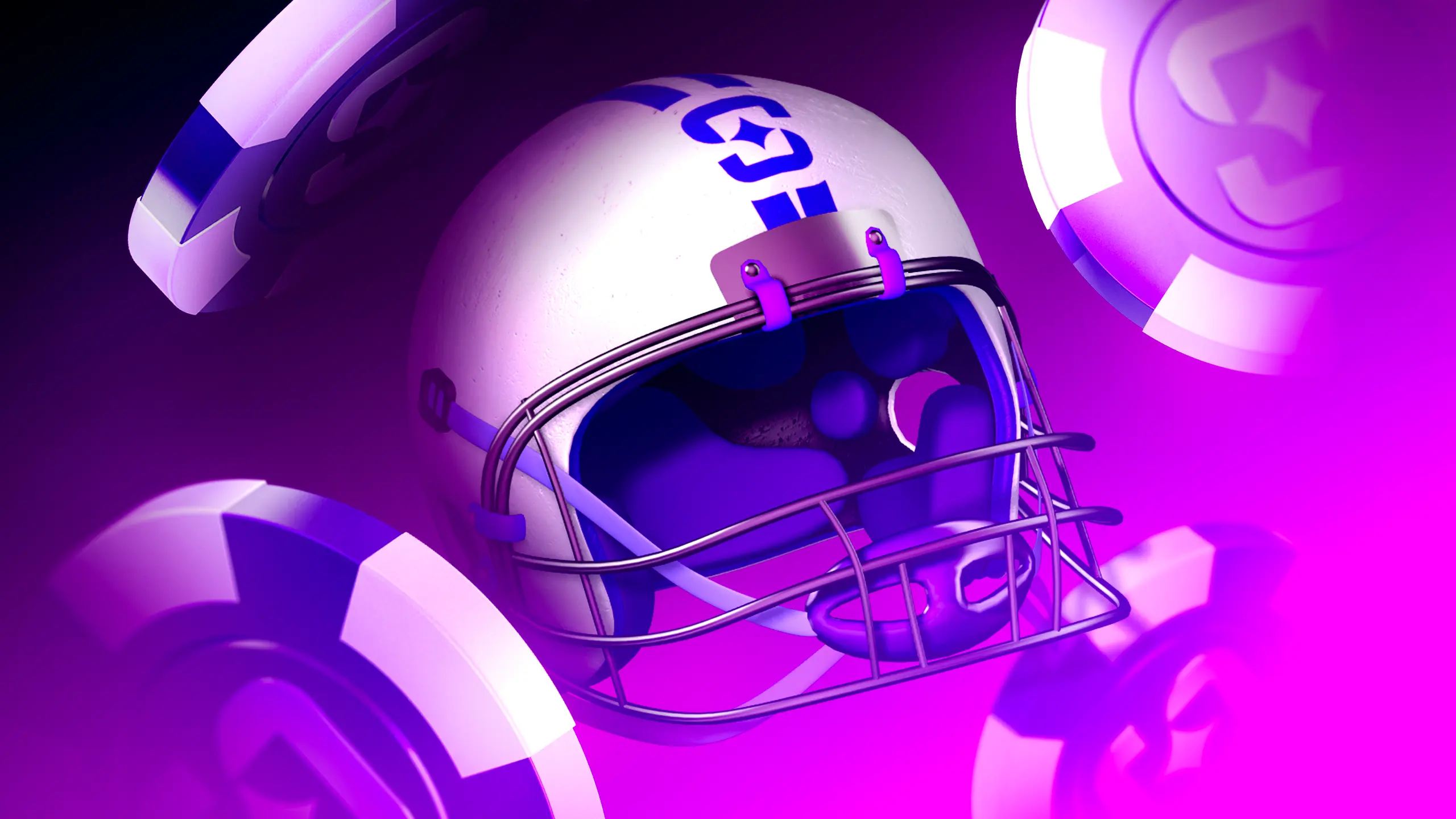 Glowing 3D American football helmet with purple casino chips on vibrant neon background. Perfect for moneyline betting guides and NFL sports betting articles.