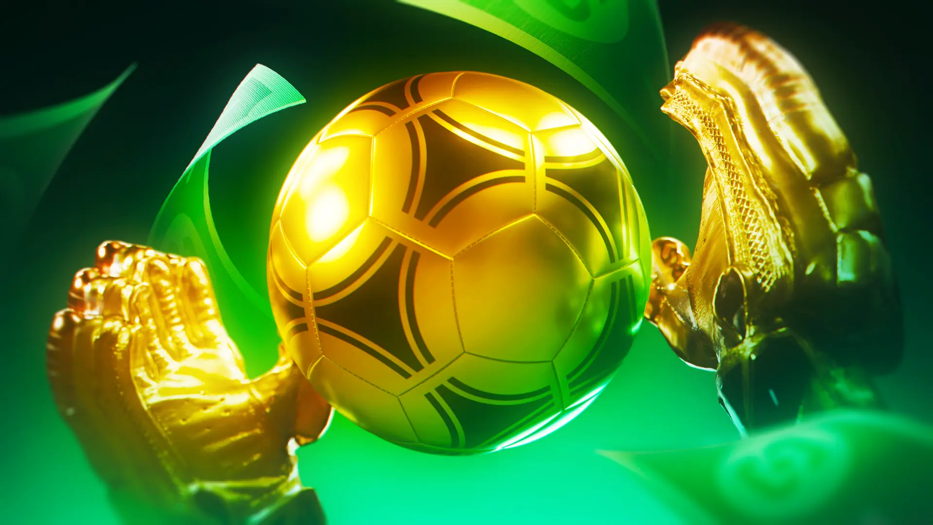 Glowing golden soccer ball with golden cleats on neon green background. Perfect header for FIFA World Cup 2026 Betting Guide: Odds, Expert Picks & Where to Play.